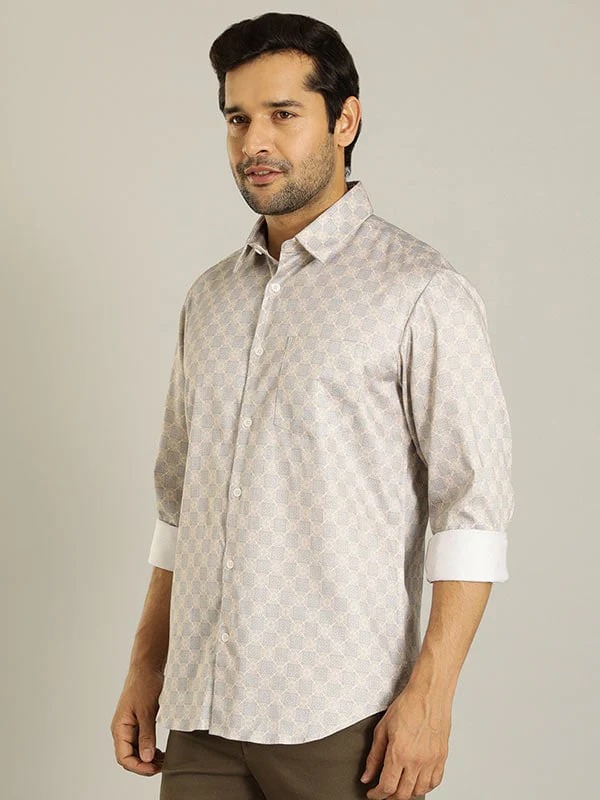 Indian Terrain Men's Slim Fit Full Sleeve All Over Print Beige Shirt